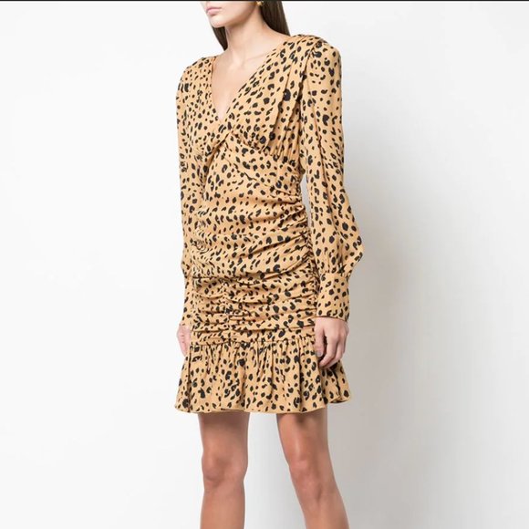 Puff sleeve leopard printed silk ruffle mini dress - size 0 - Modern 80s style - Picture 13 of 16